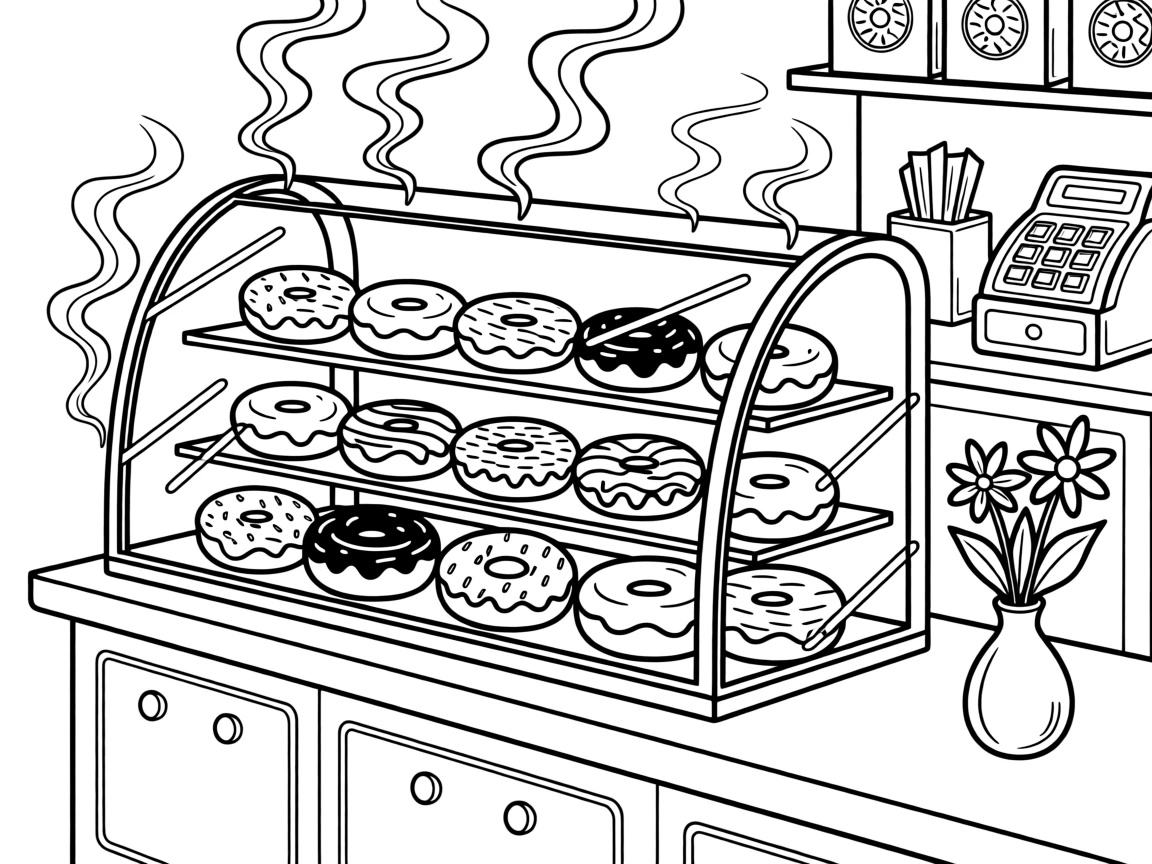 A donut display case filled with glazed and sprinkled varieties, with steam rising gently into the air.