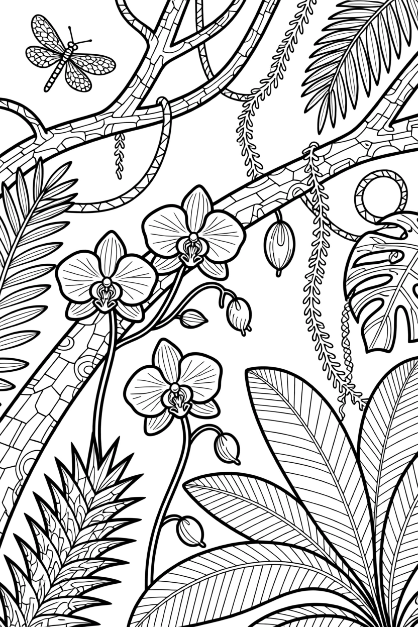 A tropical rainforest canopy with orchids and bromeliads clinging to branches.