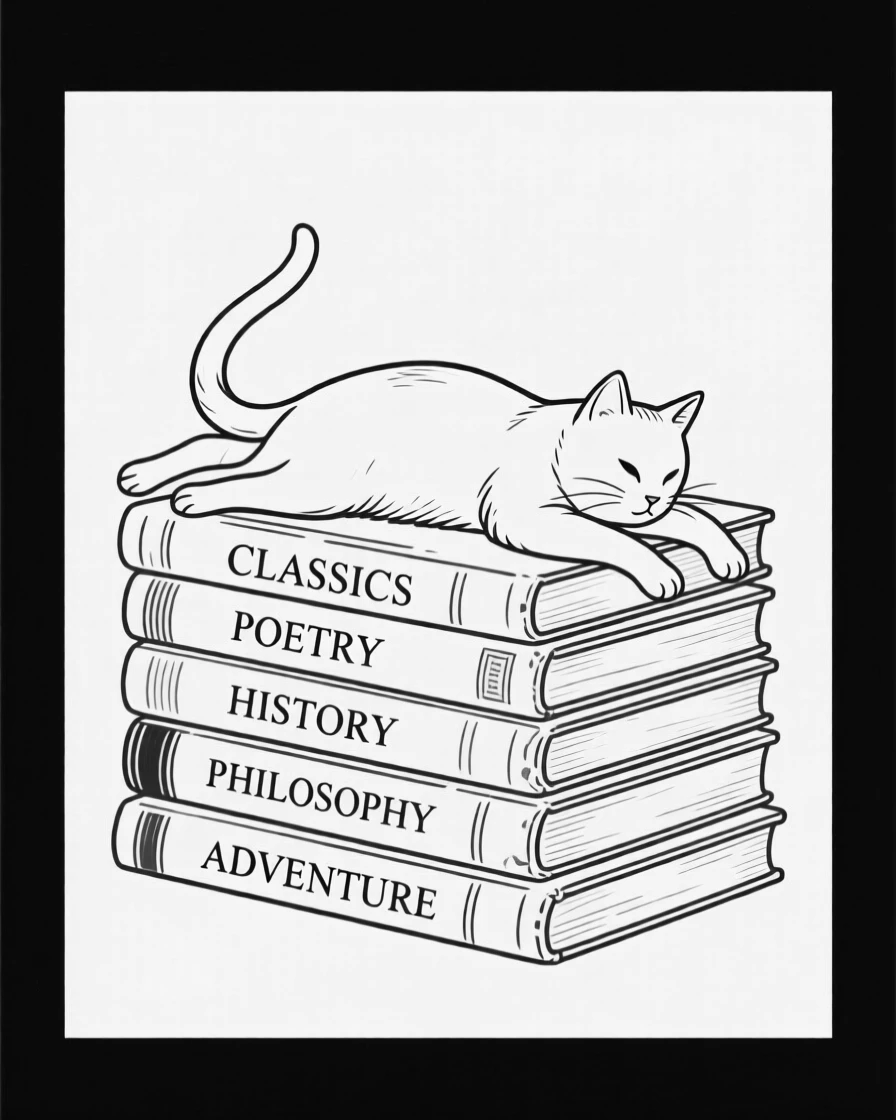 A cat stretched out on a stack of old books