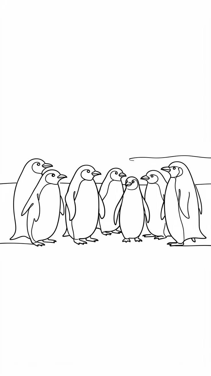 A colony of penguins waddling together across an icy Antarctic shore