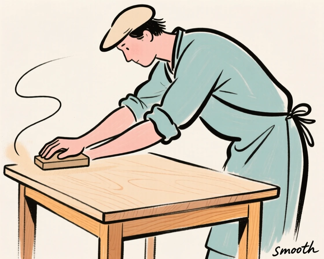 A carpenter sanding a wooden table