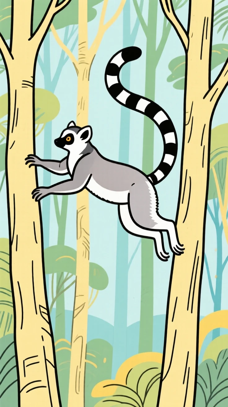 A lemur leaping between tree trunks in a Madagascar forest.