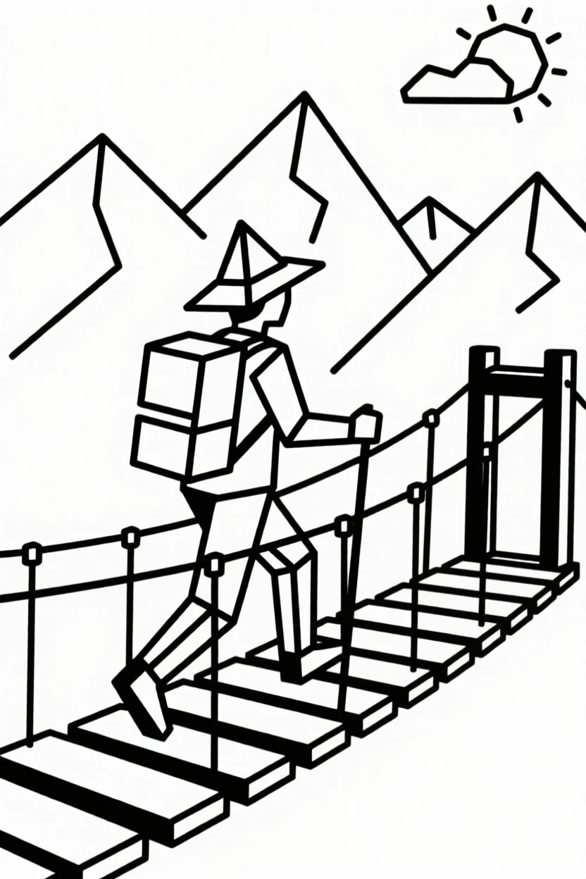 A hiker crossing a suspension bridge in the mountains