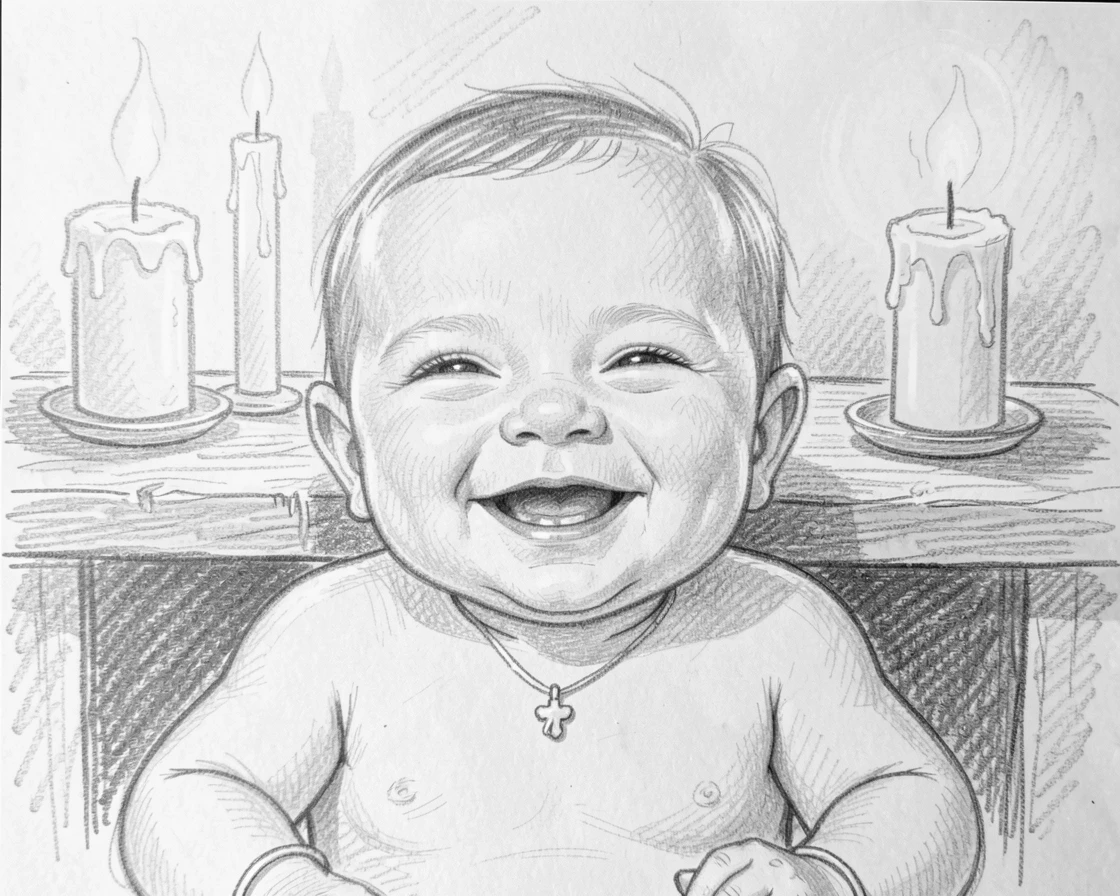 Intimate close-up of a laughing newborn baby in a candlelit room, adorned with delicate jewelry.