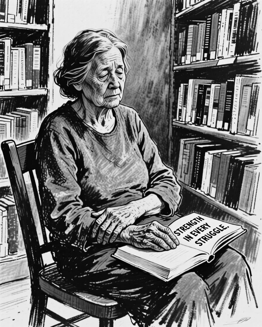 A mother resting after a hard day's work, hands calloused and proud, in a quiet library.