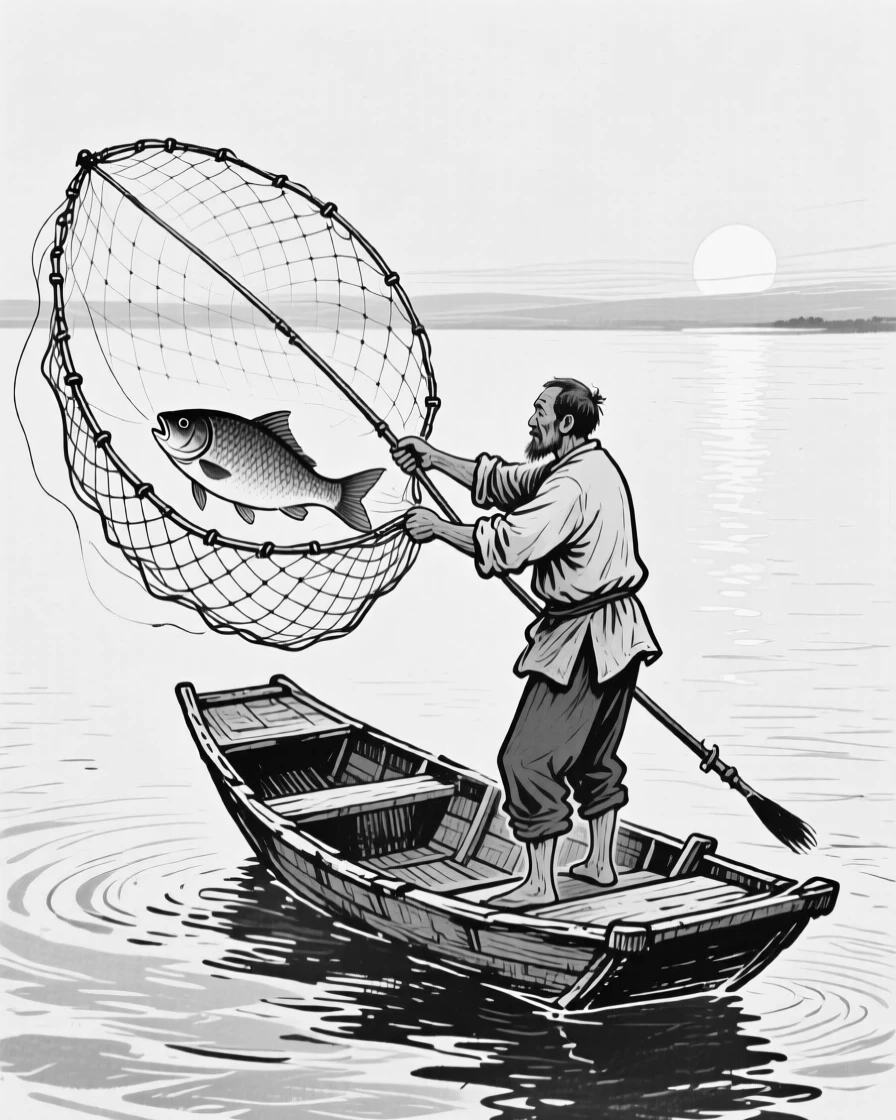 A fisherman casting a net from a small wooden boat as the sun rises over calm water.