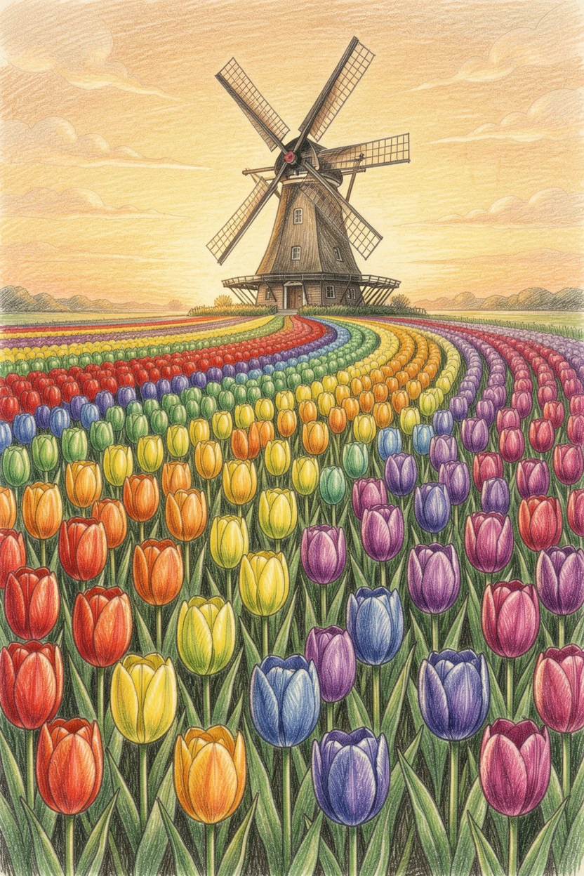 A field of tulips in rainbow rows beneath a windmill, as the last light of sunset paints everything in warm amber tones, celebrating the quiet majesty of the natural world.