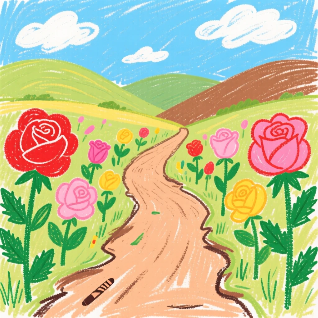 A view of a garden path lined with roses framed by distant rolling hills.