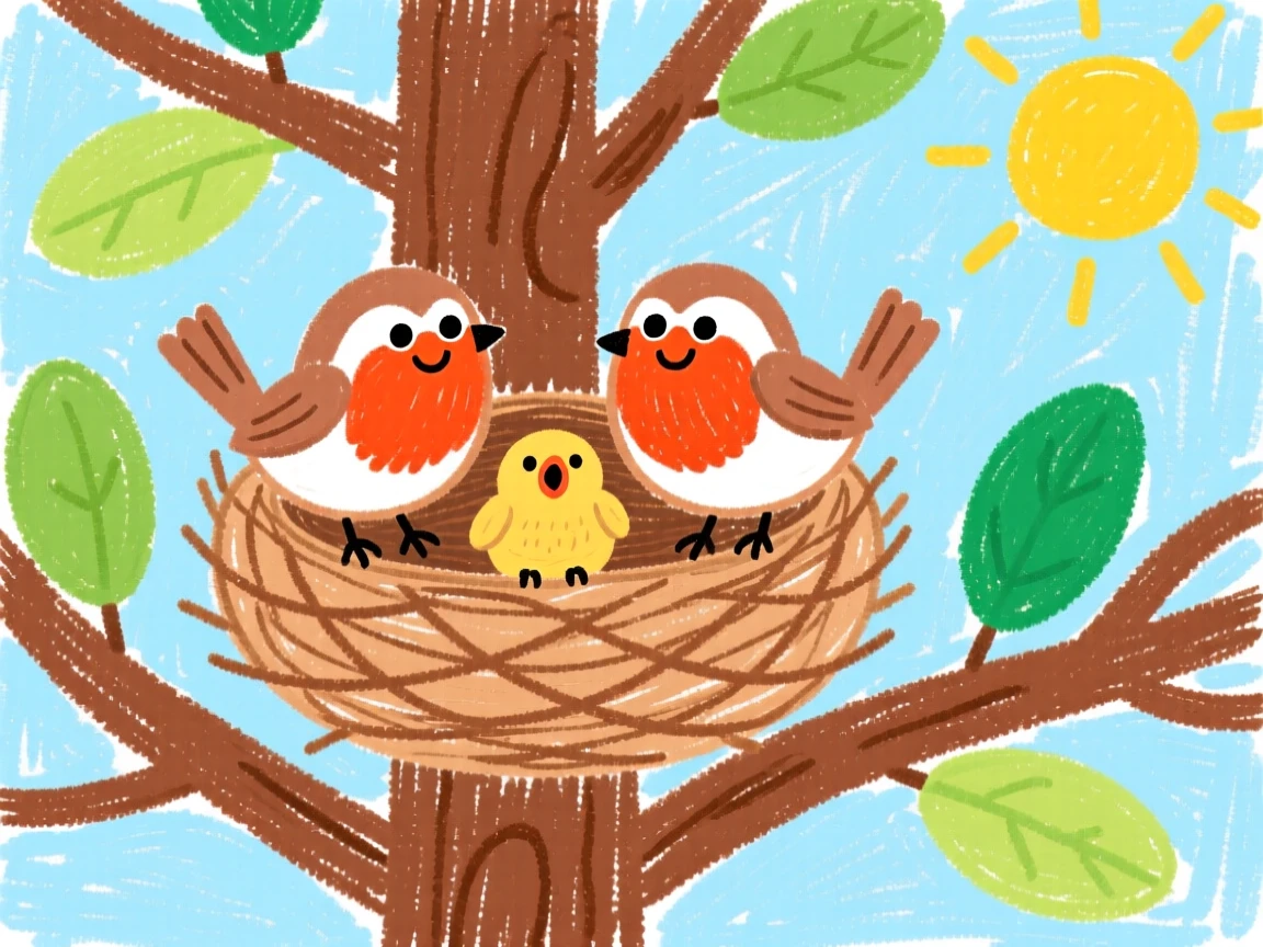 A family of robins in a nest built high in a tree.