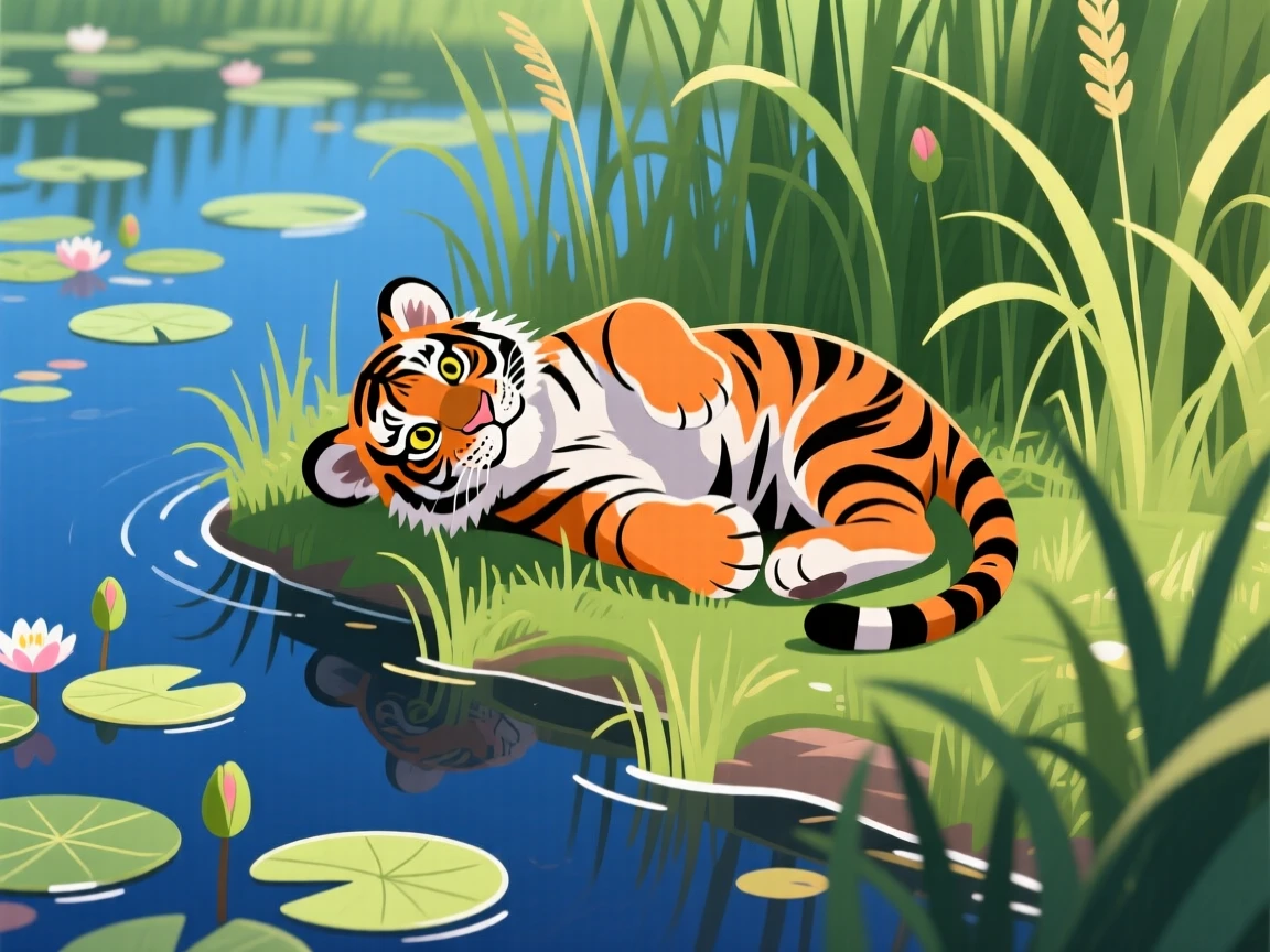 A tiger cub rolling playfully in tall grass, surrounded by delicate lily pads on a still pond, captured in profile with soft rim lighting, with vivid, richly saturated colors that pop.