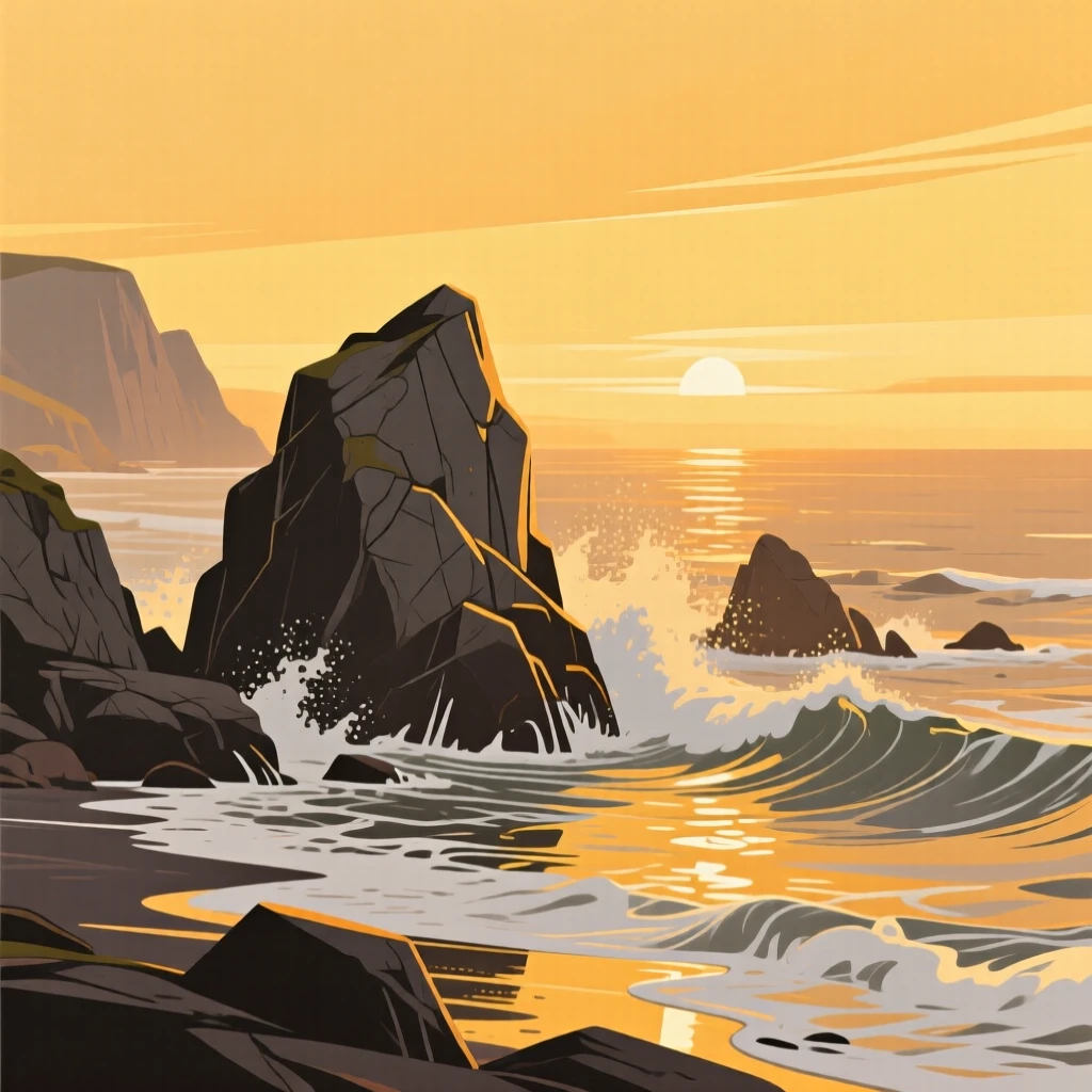 A dramatic golden hour scene over a rugged coastline with waves crashing against the rocks.