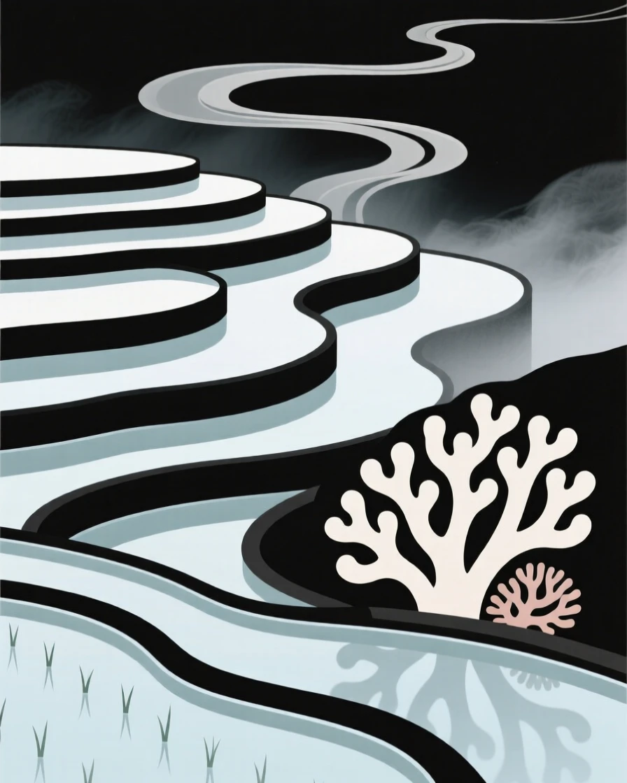 A terraced rice paddy, quiet and still, cradles a coral reef resting beside curling wisps of mist, capturing a feeling of quiet wonder.