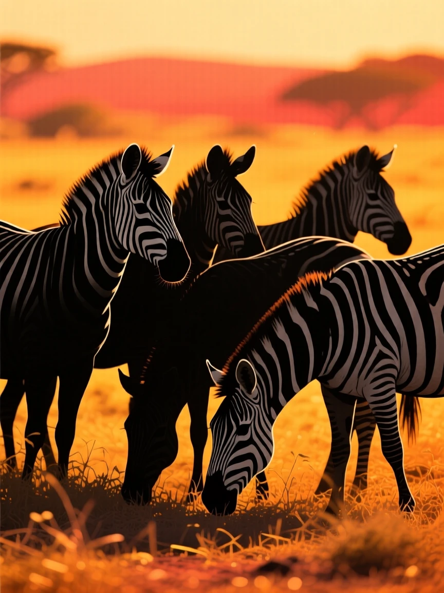 A zebra herd grazing together, their striped patterns overlapping across the frame.