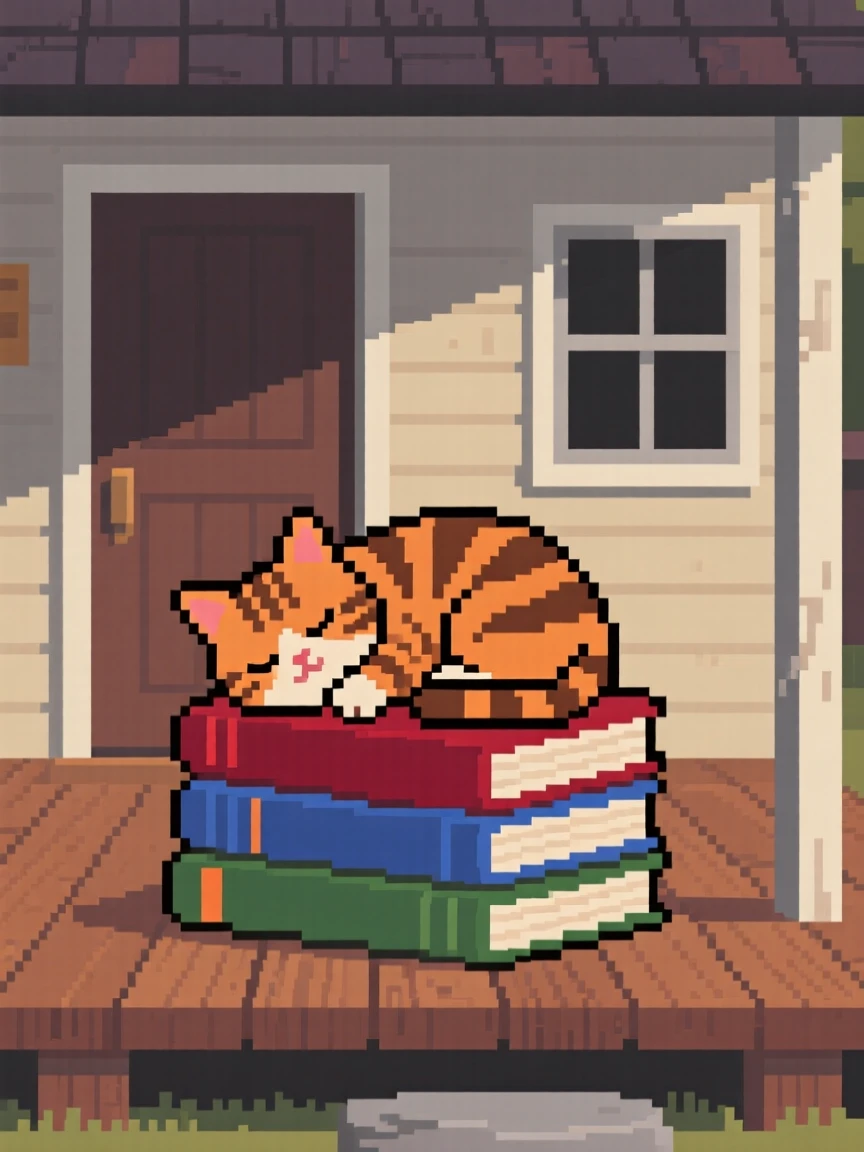 A tabby kitten curled up asleep on a stack of books, on the porch of a tiny cottage.