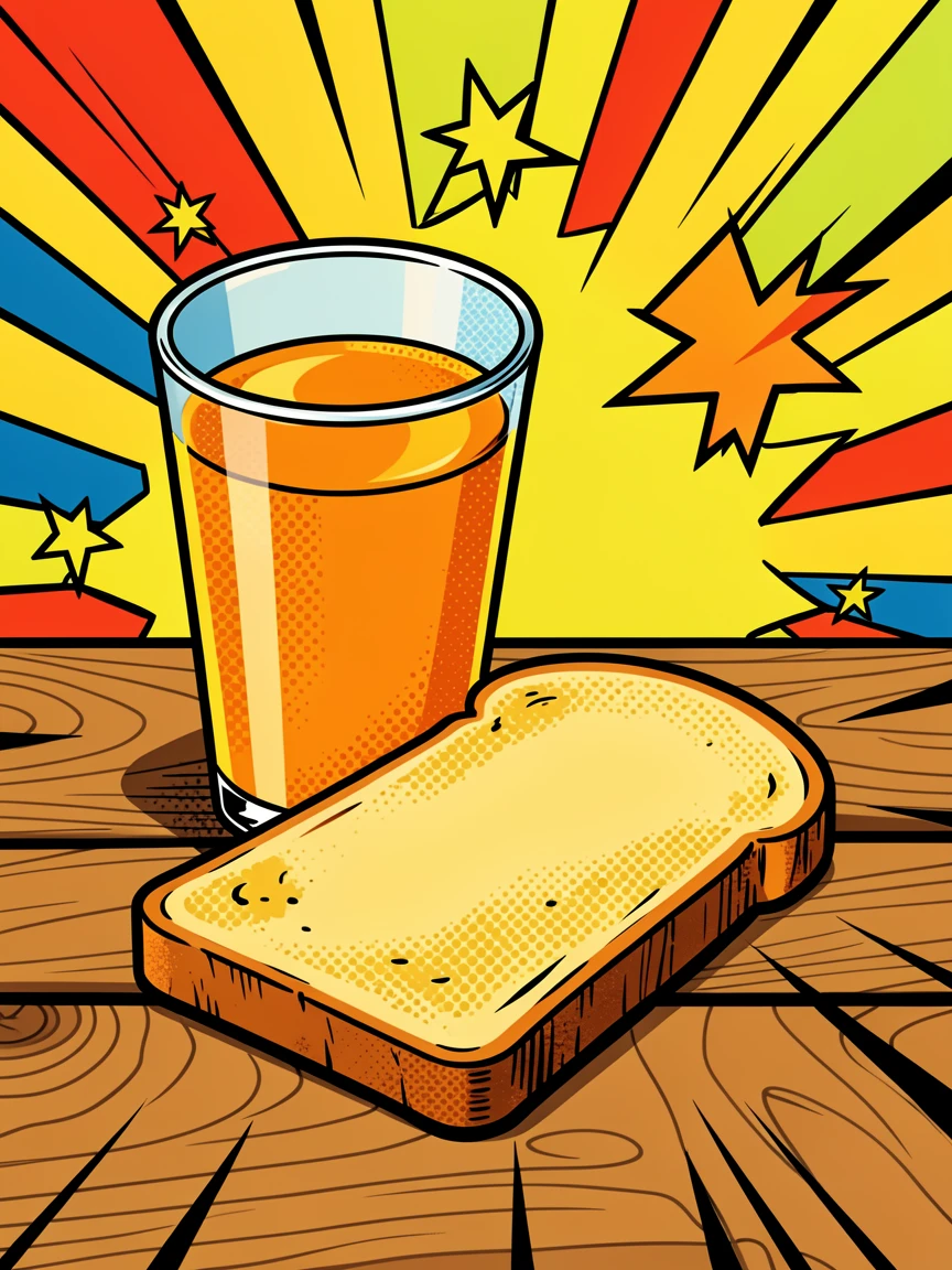 A glass of fresh-squeezed juice beside toast presented beautifully on a rustic wooden table