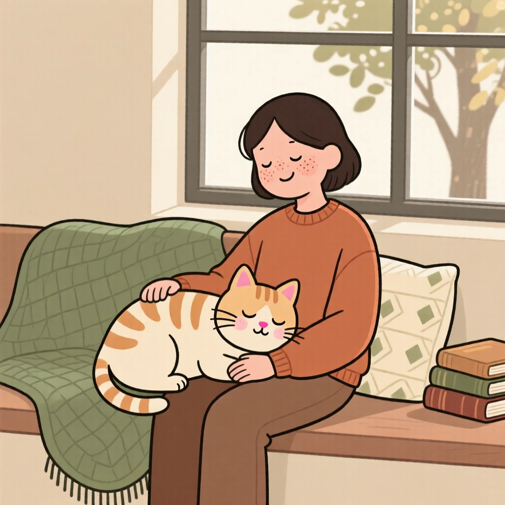 A sleepy cat rests its head on its owner's lap during a quiet Sunday afternoon on the window seat, both perfectly content.
