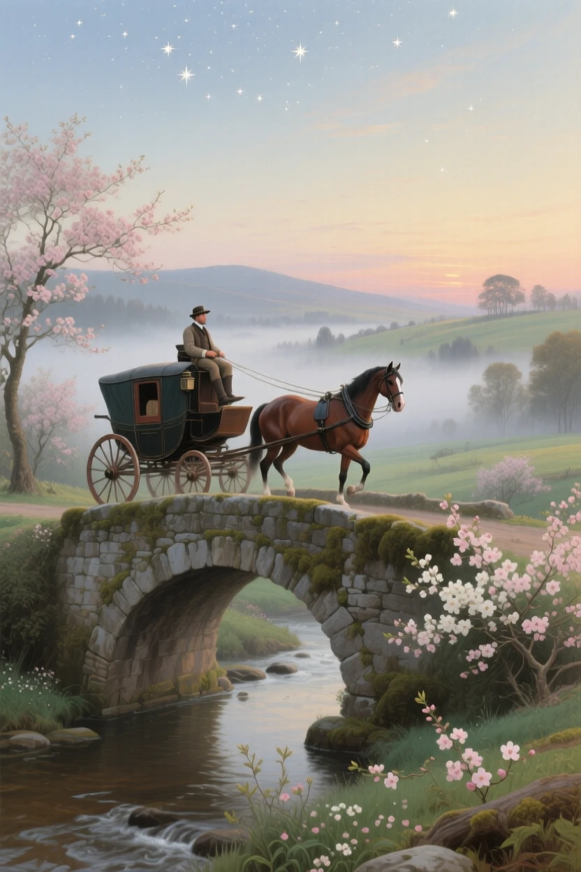 A broad landscape view of a rural mail carriage crossing a stone bridge in early morning fog, as spring blossoms open, under a canopy of stars.