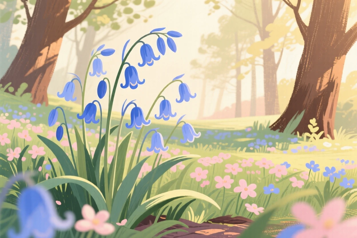 A cluster of wild bluebells carpeting a spring forest floor