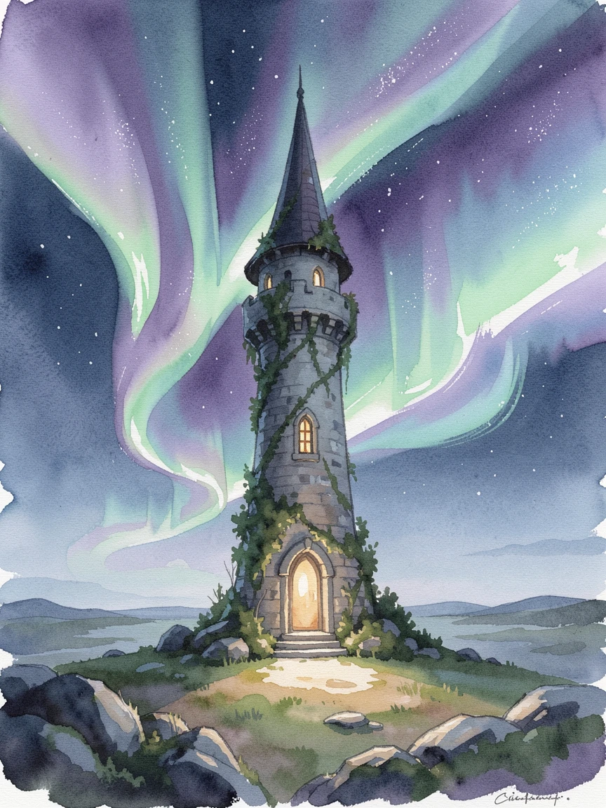 A wizard's tower surrounded by swirling northern lights with a gentle magical glow illuminating the scene.