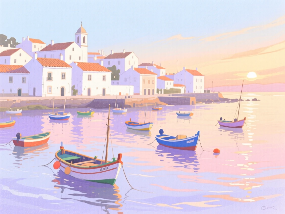 A picturesque view of a coastal town in Portugal with fishing boats bobbing in the harbor, under a soft sunrise