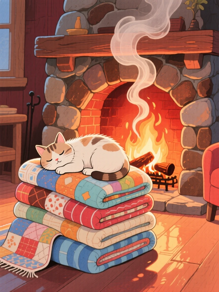 A cat curled asleep on a stack of quilts in front of a crackling fireplace, with steam curling gently upward, radiating warmth and homely peace.
