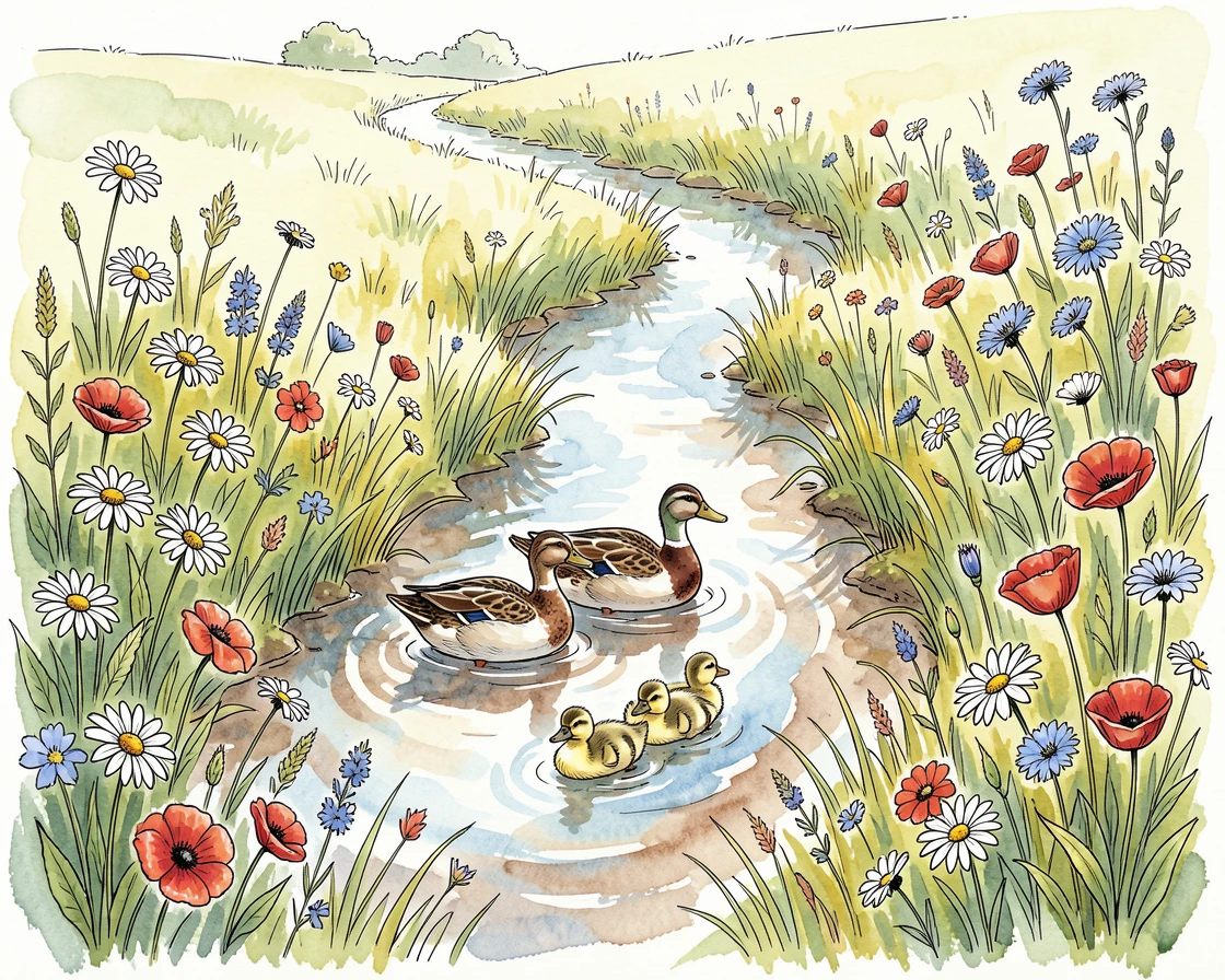 A wildflower meadow with a winding stream, a family of ducks paddling gently downstream