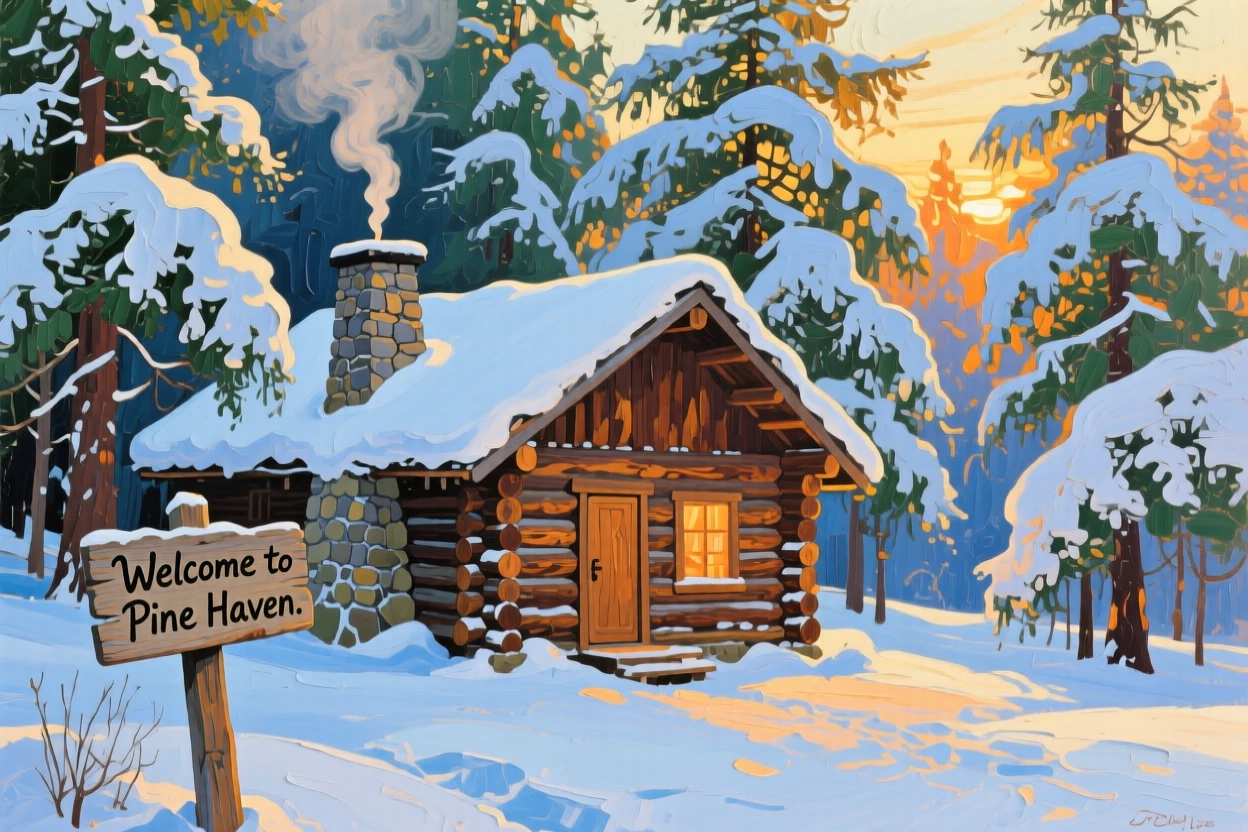 a wooden cabin beneath snow-laden pines, during a quiet late afternoon, from an inviting eye-level viewpoint.
