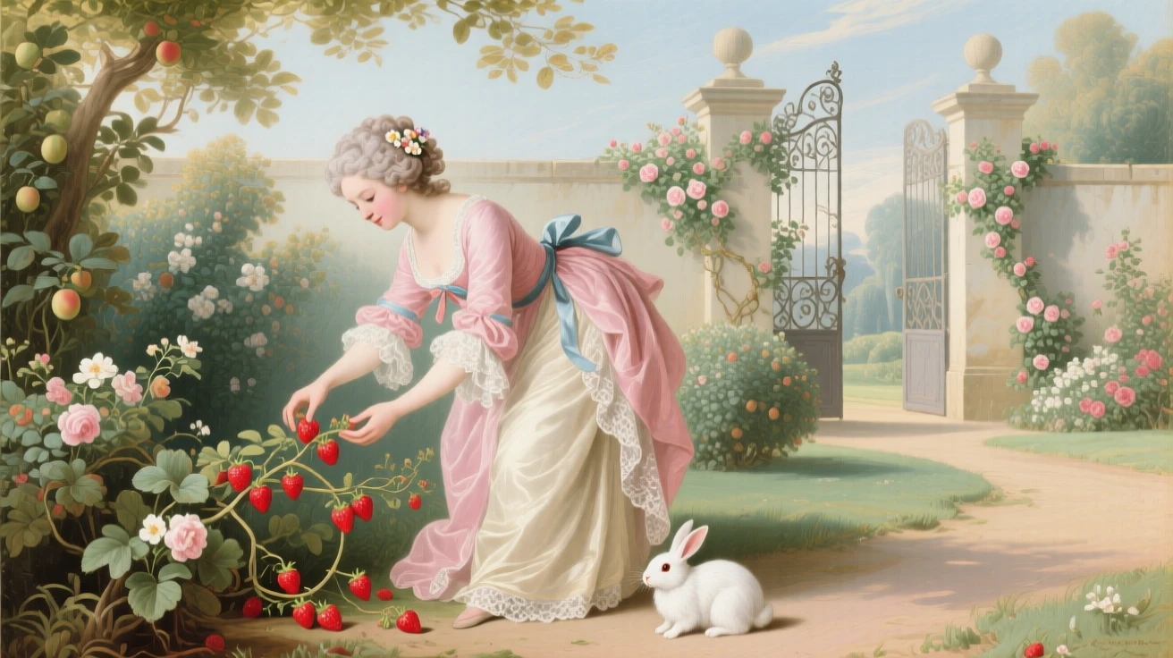 A young woman picking strawberries in a walled garden with her pet rabbit  