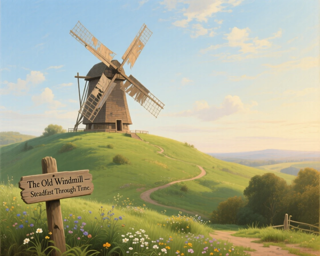 A windmill stands atop a green hill, its sails turning slowly against a bright sky.