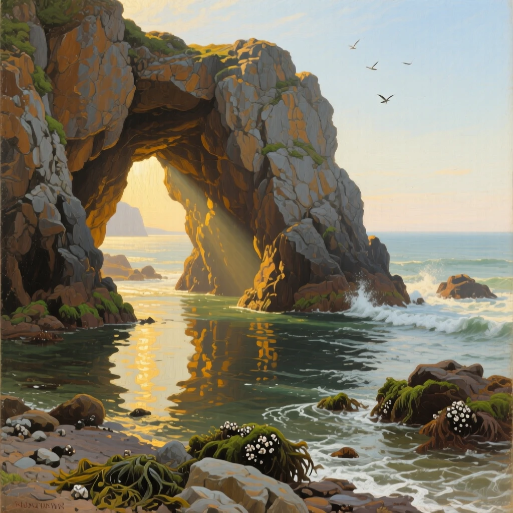 A coastal sea cave with sunlight streaming through a rock arch, with reflections doubling the beauty of the landscape, capturing the raw power and quiet majesty of untouched nature