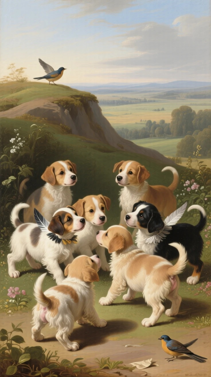 A litter of playful puppies tumbling in a sunlit garden at the peaceful, unguarded heart of the natural world, set atop a windswept ridge overlooking a vast, open landscape, with feathers, fur, or manes catching the light in fine, luminous detail; a low, respectful vantage point lends the creature quiet majesty, suggesting the timeless harmony between nature and spirit.