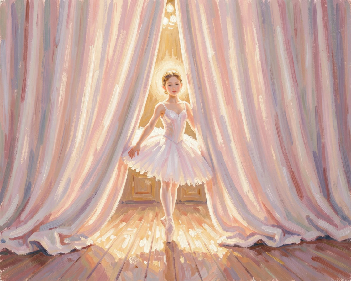 A young ballerina peeking through stage curtains before her first performance.