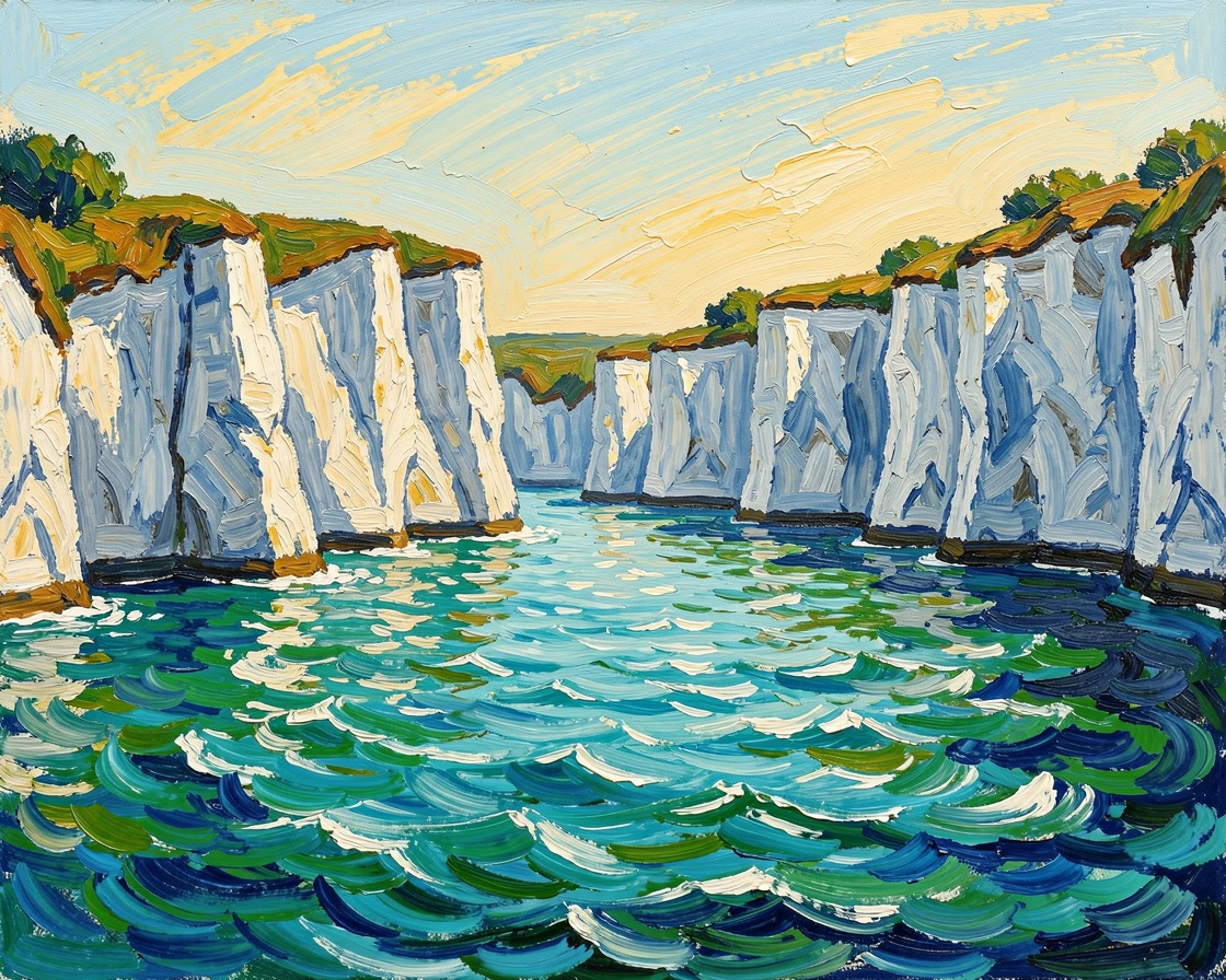 A quiet cove of turquoise water surrounded by white chalk cliffs on a clear summer day.