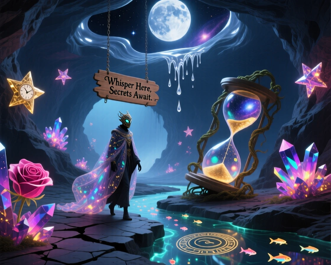 A cave whose walls are lined with glowing crystal constellations glows softly from within as night settles over it, while a lone figure walks quietly through its heart.