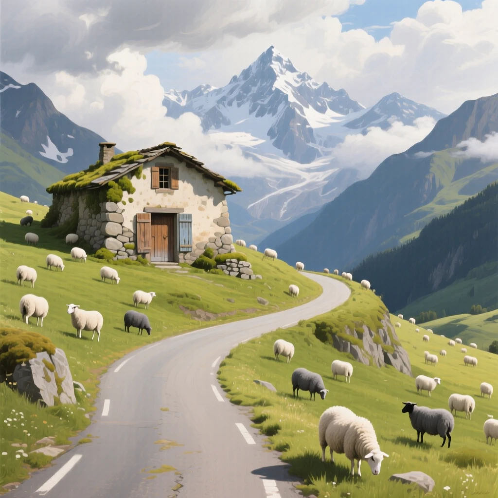 A high mountain pass road in the Pyrenees winds through green pastures dotted with grazing sheep, a shepherd's stone hut standing at the crest, distant snow peaks rising beyond rolling clouds.