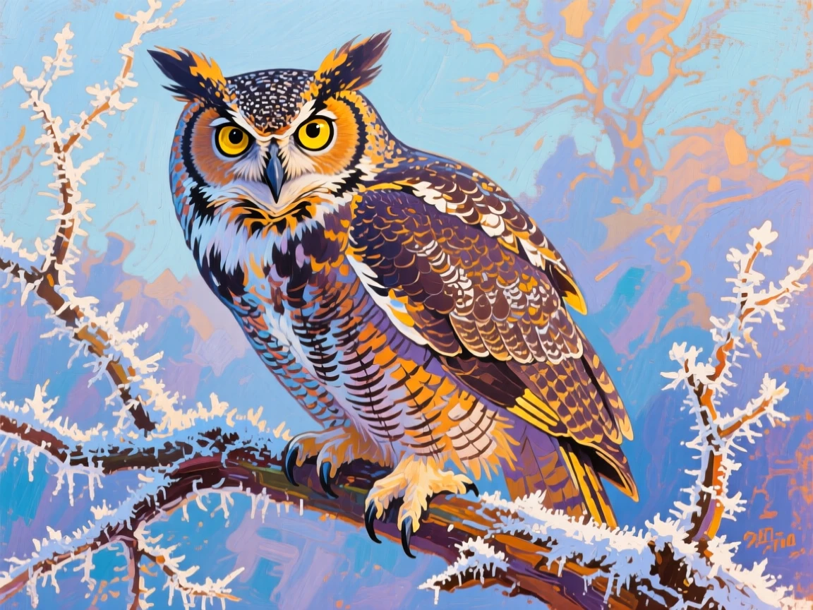 A great horned owl perched on a frost-covered branch, golden eyes staring directly at the viewer