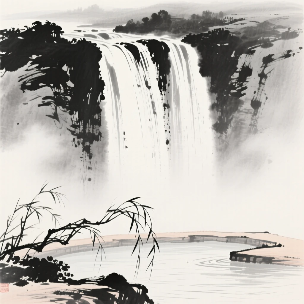 a broad waterfall plunging into a misty pool, with willow branches trailing into the water.