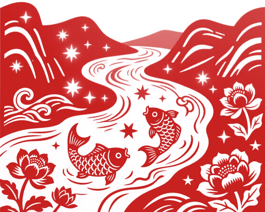 A river of stars flowing through a valley, fish made of light leaping between its glowing currents