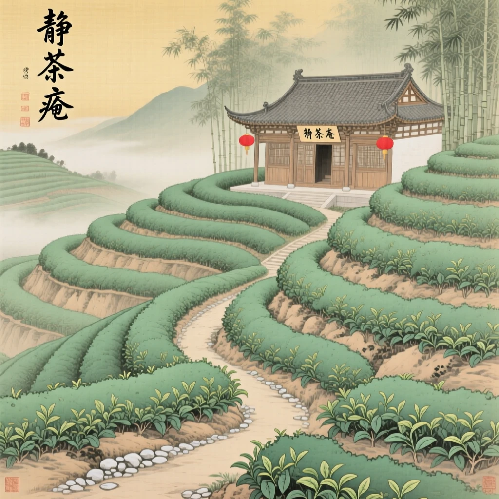 Terraced tea plantations rolling over green hills, with a narrow path winding up toward a hidden temple
