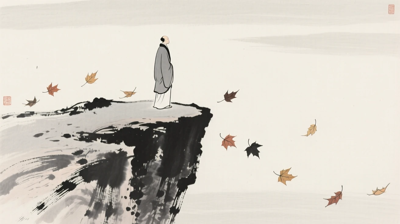 A solitary figure standing at the edge of a quiet cliff beneath drifting autumn leaves, balanced with a single small detail against a quiet backdrop, conveying a poetic sense of calm and reflection.