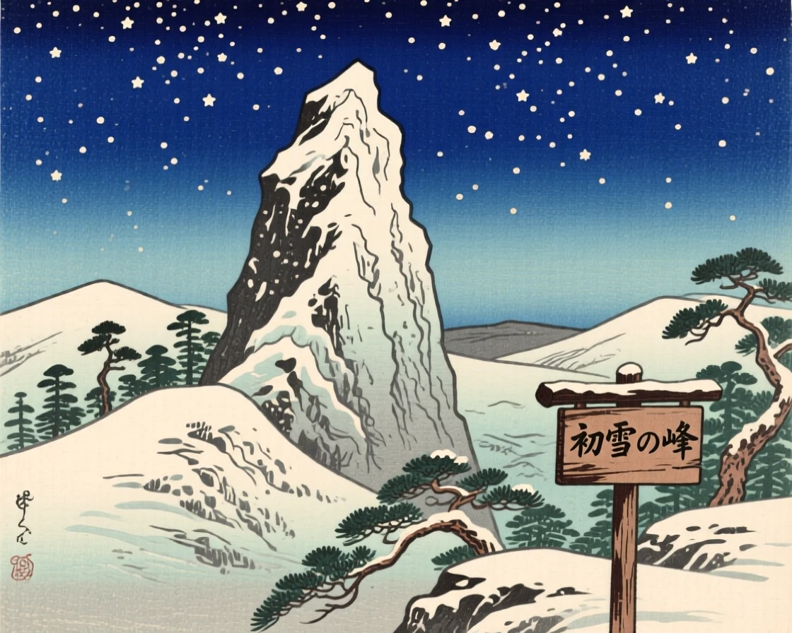 A granite pinnacle, dusted with the season's first snow, beneath a star-filled sky.