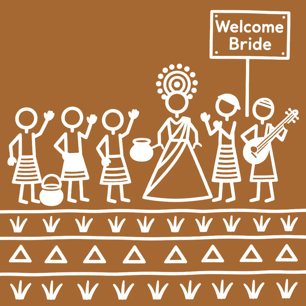 A group of neighbors welcoming a new bride into the family at the edge of a paddy field.