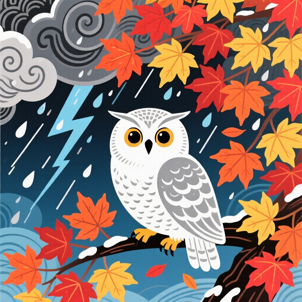 A snowy owl perched beneath a canopy of autumn maple leaves, during a summer thunderstorm passing in the