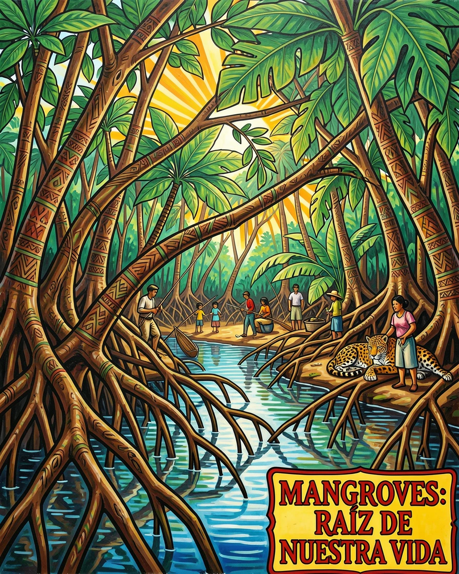 A mangrove forest with roots reaching into calm water