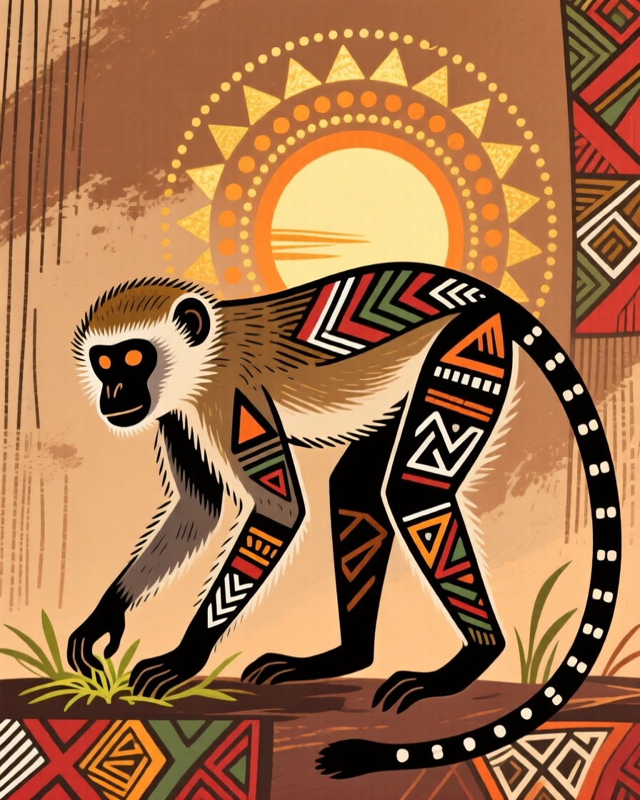 A vervet monkey grazing at sunrise.