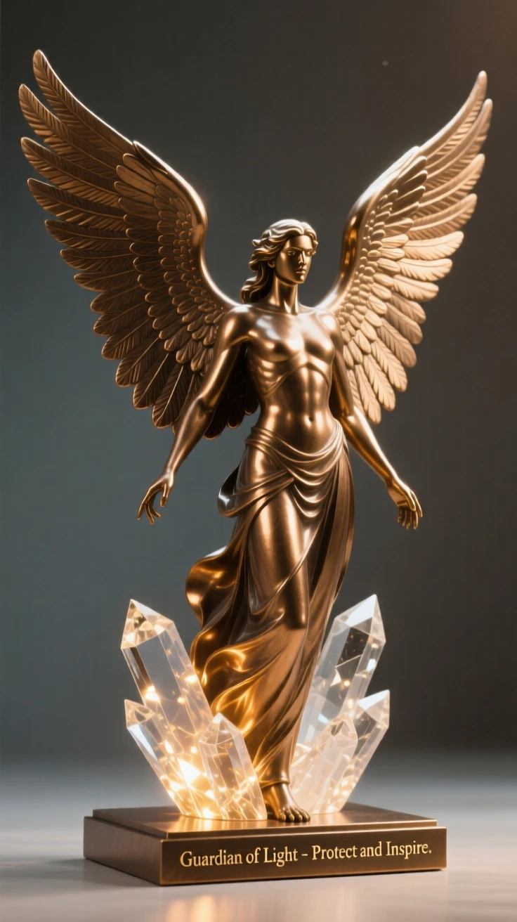 A guardian spirit carved from luminous crystal, with wings fully outstretched in majestic display, radiating awe and grandeur