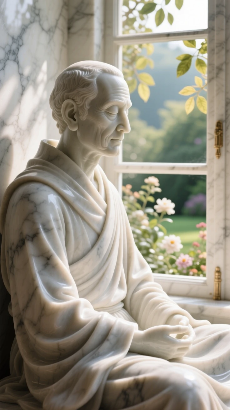 A close-up portrait of a monk in quiet meditation, sitting quietly by a window, in a sunlit garden, radiating quiet emotion and dignity