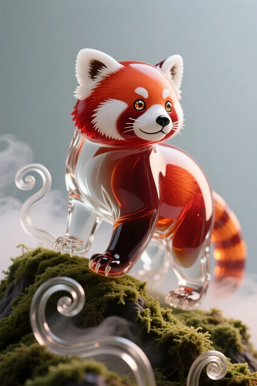 A red panda standing alert on a moss-covered ridge at first light, mist curling around its paws, the scene calm and quietly majestic.