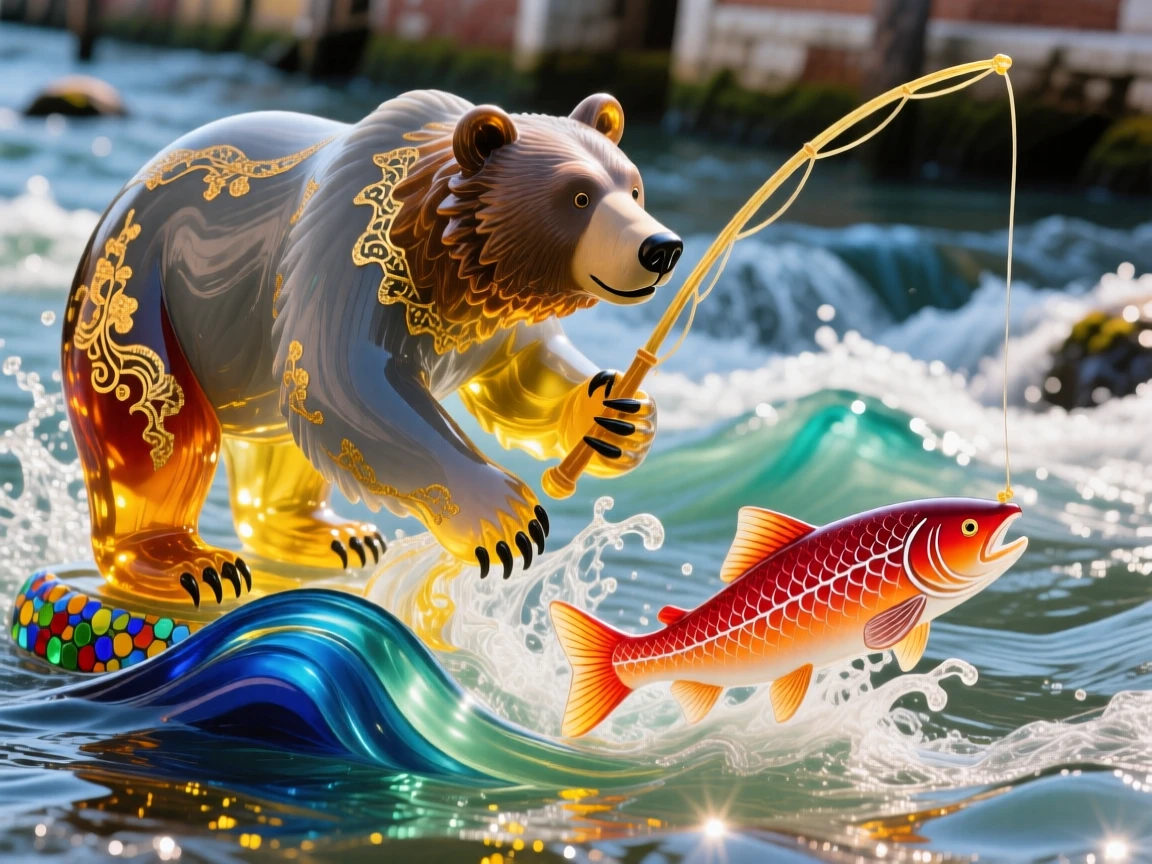 A mother bear fishing for salmon in a rushing river, focused and instinctive, spray catching the afternoon sun.