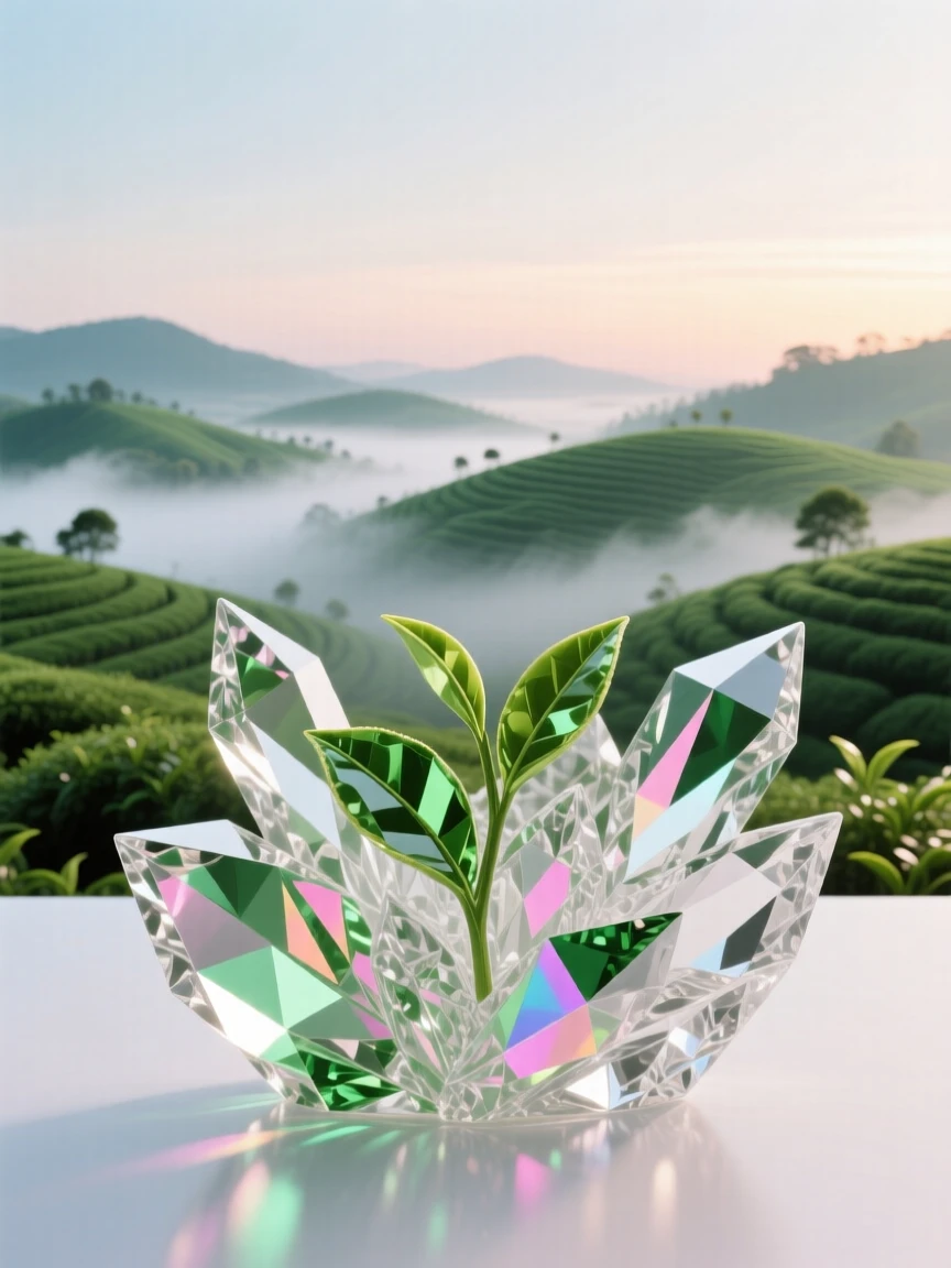 A misty tea plantation with rolling green hills stretching to the horizon at dawn.
